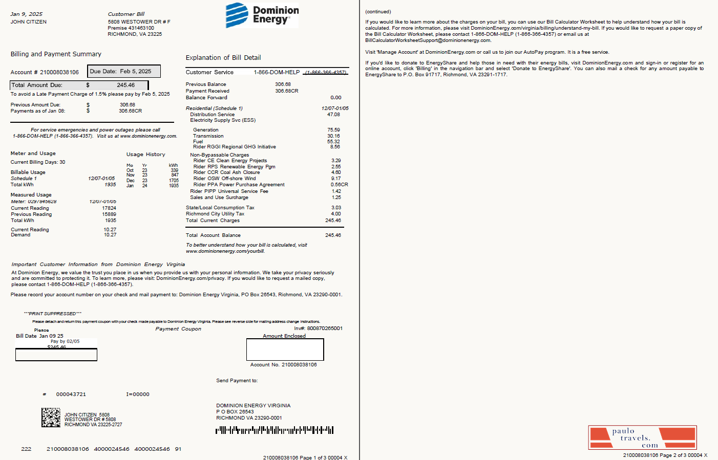 USA Dominion Energy utility bill template in Word and PDF formats, 3 pages, 1 2 pages